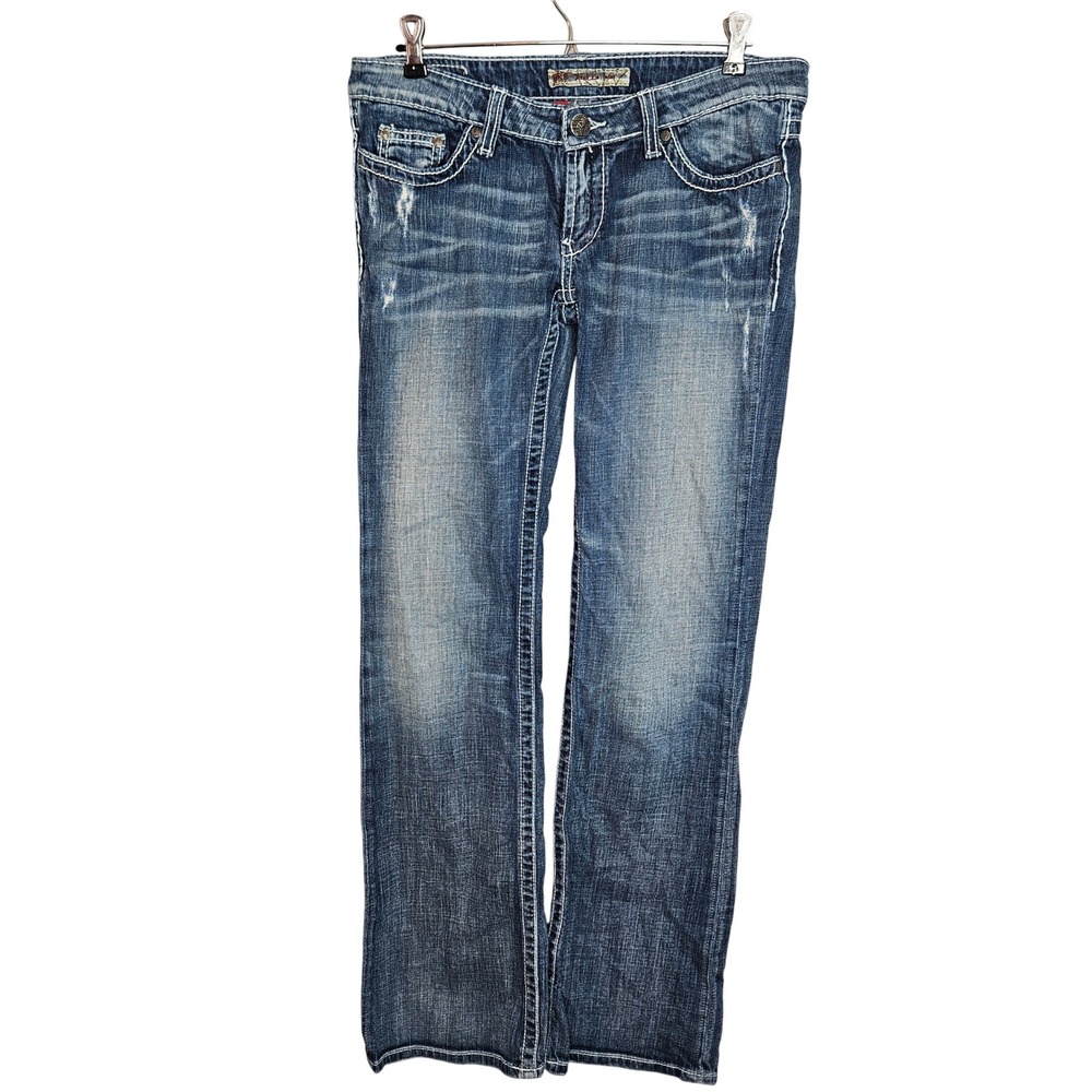 BKE Stella Bootcut Jean Womens 31 Medium Wash Distressed Contrast Stitch Stretch